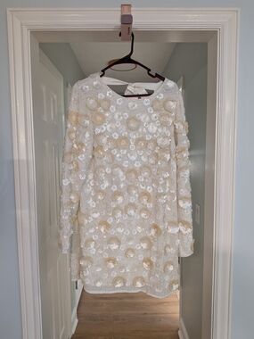 Asos Ivory Sequin & 3D Floral Long Sleeve Dress 10